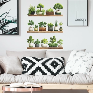 Stickers muraux trois pièces avec plantes vertes sur étagère bois pour décoration intérieure