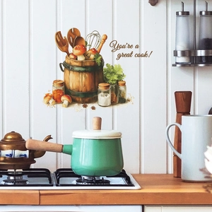 Kitchen wall sticker featuring hand-drawn wooden barrel, mushrooms and spices set