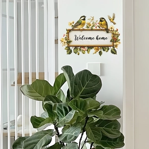Floral Welcome Home wall decal with hummingbirds and berries for living room decor