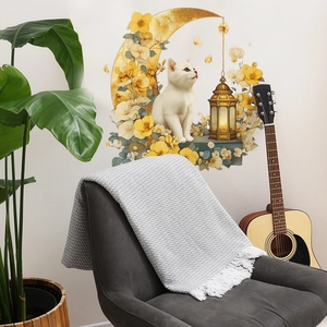 Floral moon and white cat wall decal stickers for cozy living room wall decoration