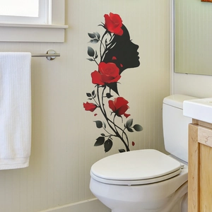 Self-adhesive wall sticker featuring a female profile silhouette with red roses for home decor