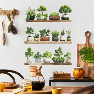 Stickers Muraux Plantes Vertes en Pot Étagère en Bois PVC Style Nordique Décalcomanies Esthétiques pour Salon Chambre