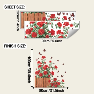Detail of rose and butterfly wall decals showing sheet size and finished application dimensions