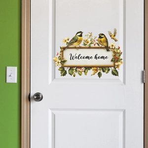 Floral Welcome Home wall sticker with realistic birds and yellow flowers for home decor