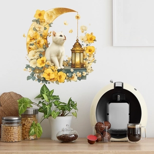Floral moon wall sticker with white cat and vintage lamp for cozy home decor