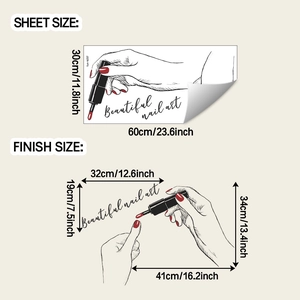 Détail des dimensions du sticker mural nail art avec mains dessinées et vernis rouge