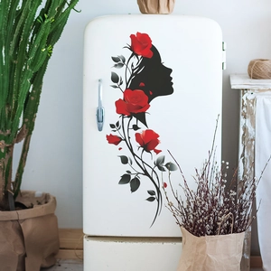 Artistic Woman Silhouette Red Rose Flower Wall Sticker PVC Self-Adhesive Mural For Home Living Room Bedroom Decor