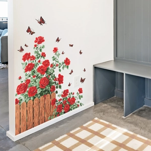 Self-adhesive red rose garden fence and butterfly wall decals for home interior decor