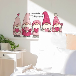 Valentine's Day gnomes wall stickers with heart motif and lucky text for home decor