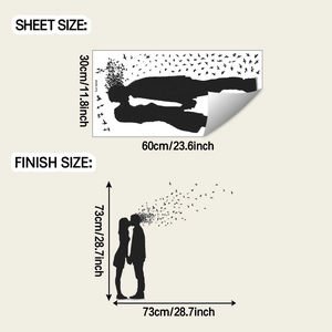 Detailed sheet and finish size dimensions for the kissing couple wall silhouette sticker