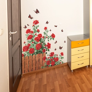 Self-adhesive wall sticker featuring red roses, garden fence, and flying butterflies