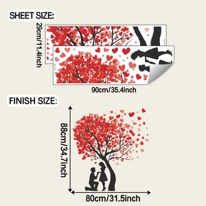 Detail view of heart tree wall decal with layout sheet size and final finish dimensions