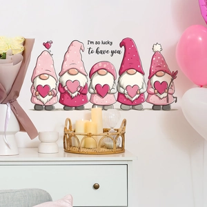 Valentine's Day gnomes wall stickers with pink hearts and romantic text for home decor
