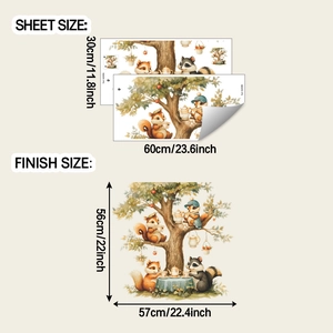Detail of watercolor squirrel tea party wall decals with sheet and finish size dimensions