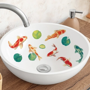 Vasque à poser ronde en céramique blanche avec motif de carpes koi et lotus