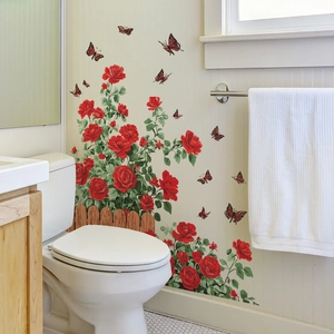 Self-adhesive wall stickers with red roses, wooden fence, and flying butterflies