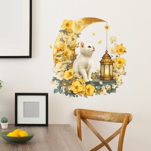 Removable wall sticker featuring a white cat with golden moon and floral lantern design