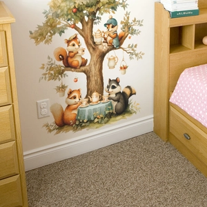 Cartoon squirrels tea party wall sticker for kids room decoration with tree and animals