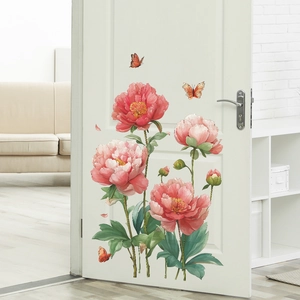 Peony flower and butterfly wall decal on a white door for modern home decoration