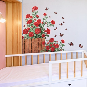 Floral wall decal set with red roses, wood fence, and butterflies for home wall decoration
