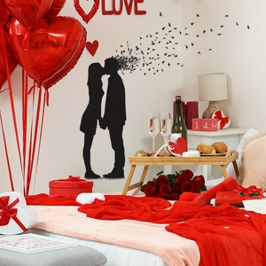 Romantic kissing couple silhouette wall decal with birds for bedroom decor