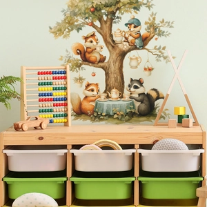 Cartoon squirrel and raccoon tea party wall decals for kids room nursery wall decoration