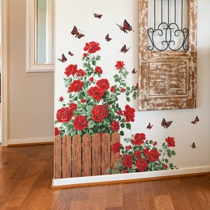 Red Rose Flower Fence Butterfly Wall Stickers PVC Self Adhesive Floral Wall Decals For Living Room Bedroom Garden Decor