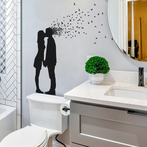Romantic kissing couple silhouette wall sticker with birds effect for home decor