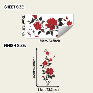 Detailed sheet and finish size specifications for vintage red rose floral wall stickers