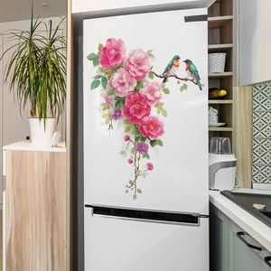 Vibrant rose vine and birds wall sticker on white refrigerator in a modern kitchen setting