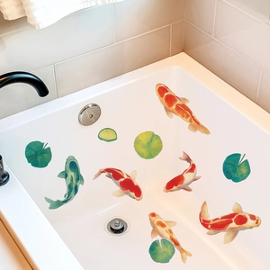 Stickers muraux carpes koi et feuilles de lotus pour décoration de baignoire de salle de bain
