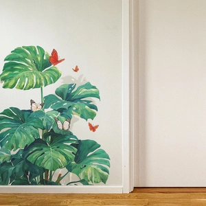 Realistic monstera leaves and orange butterfly wall decals for living room decor