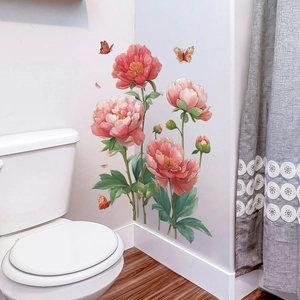 Elegant pink peony flowers and orange butterflies wall decal for home wall decoration
