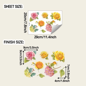 Detailed sheet size and finish size guide for colorful floral self-adhesive wall stickers