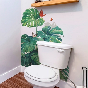Tropical monstera leaves and orange butterflies wall stickers for bathroom decoration