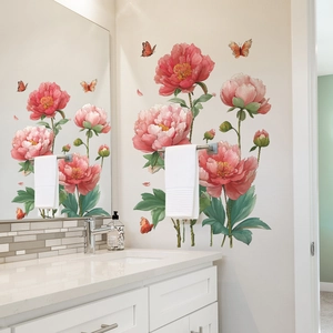 Self-adhesive peony flower wall stickers with colorful butterflies for home decoration