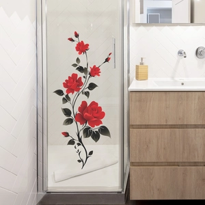 Floral bathroom wall decals featuring red roses and dark leaves on a glass shower door