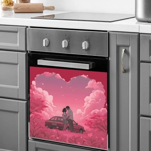 Sticker lave-vaisselle romantique avec nuages en cœur, cerisiers et voiture ancienne