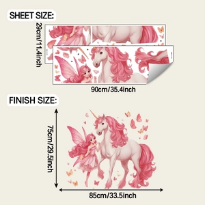 Détail du stickers licorne et fée dimensions planche 29x90cm et taille finale 75x85cm