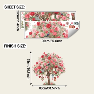Layout and finish size detail of rose tree and birdhouse wall decal set for home decor