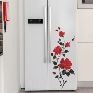Floral refrigerator wall sticker featuring elegant red roses and black vines on a fridge