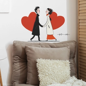 Wandsticker mit Händchen haltendem Comic-Paar und roten Herzen für das Wohnzimmer Dekor