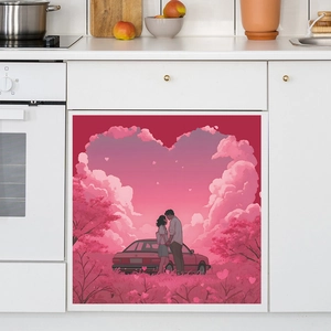 Sticker Romantique en PVC pour Lave-Vaisselle Motif Couple Anime Nuage de Coeur Couvercle Décoratif Magnétique de Cuisine