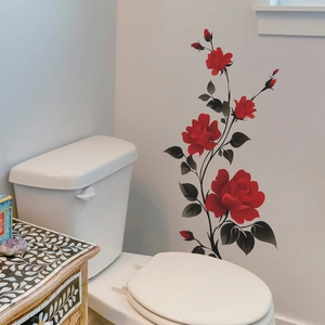 Floral wall sticker featuring vintage red roses and black vines for bathroom decoration