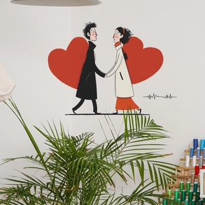 Wandtattoo mit Cartoon-Paar, roten Herzen und Herzschlaglinie für das Schlafzimmerdekor