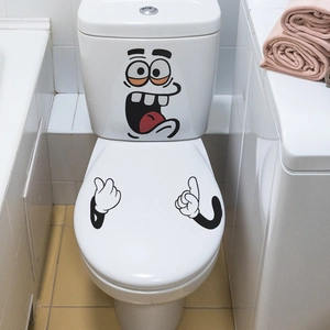 Funny cartoon facial expression self-adhesive PVC decals on white toilet lid and tank
