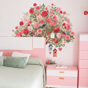 Floral wall sticker featuring rose tree with birdhouses for bedroom living room decor