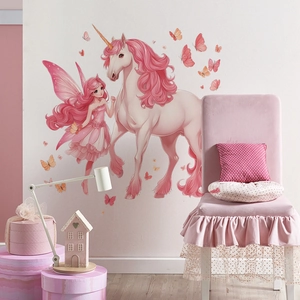 Sticker mural fée et licorne pour chambre d'enfant avec autocollants papillon rose