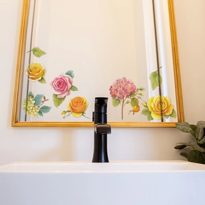 Vibrant watercolor floral wall stickers featuring roses and hydrangeas for bathroom mirrors