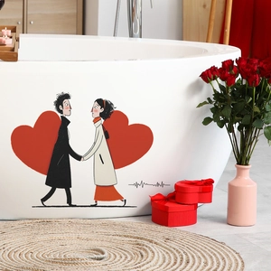 Romantischer Wandsticker mit Cartoon-Paar und roten Herzen als Dekoration für Badewannen